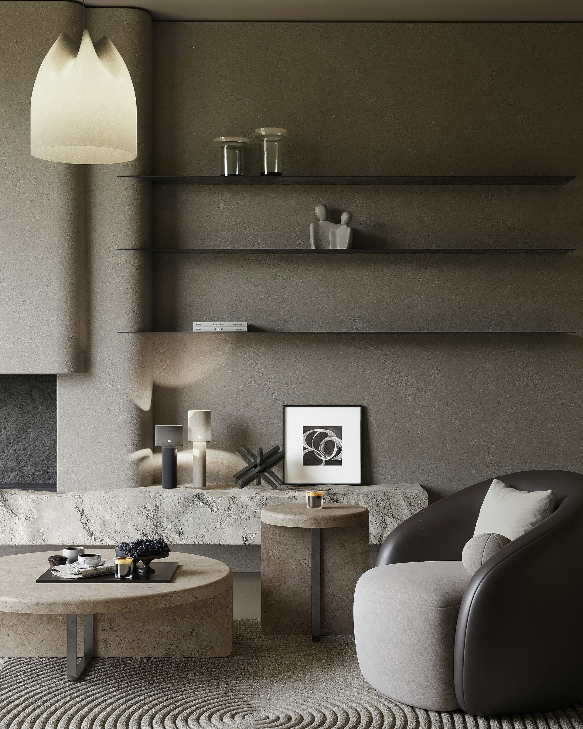 Sillón Marlowe · cuero sobre travertino